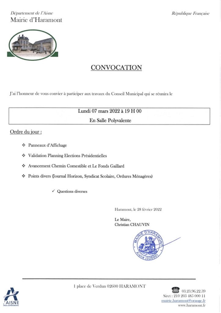 convocation conseil municipal haramont 7 mars 2022